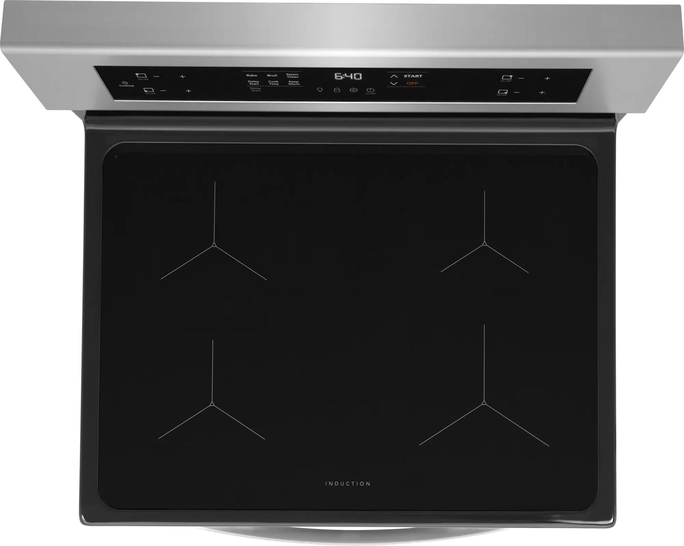 Top view of a stainless steel induction range with black smooth cooktop and digital rear control panel in appliances collection