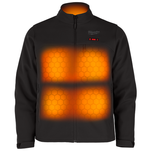 Black men's heated jacket with four highlighted orange heating zones in Milwaukee men's outerwear collection