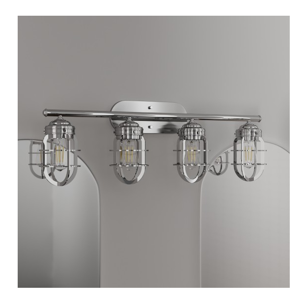 Chrome finished four-light fixture with caged glass shades for bathroom vanity lighting and home improvement collections