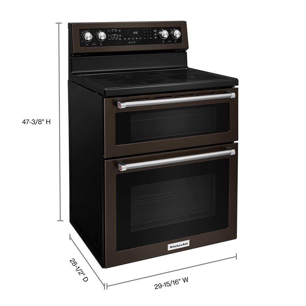 Electric double oven convection range in dark stainless steel with five burners and control panel in kitchen appliances category