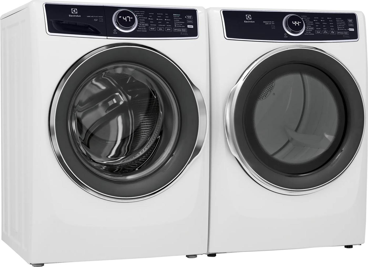 Pair of white front load Electrolux washer and dryer with digital displays from Washers & Dryers collection at Hartville Hardware