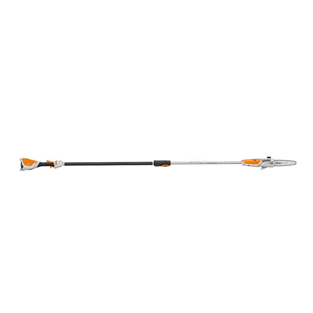 Battery-powered pole pruner with extended pole and ergonomic handle designed for efficient home improvement trimming tasks