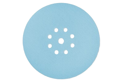 Blue foam-backed round abrasive disc with central holes for sanding and grinding tool accessories.
