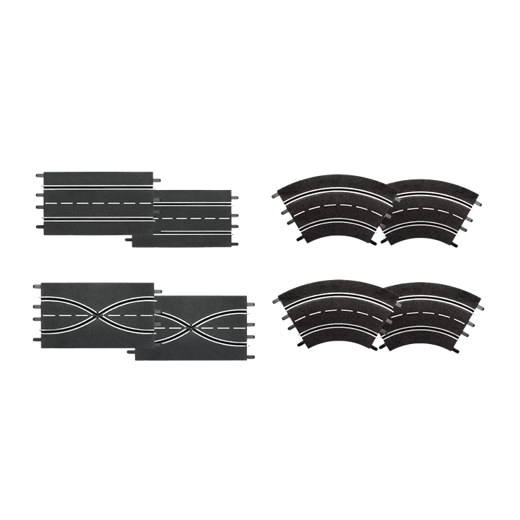 Set of black plastic track extensions with straight, crossover, and curved pieces for remote-controlled toy cars under $100 collection