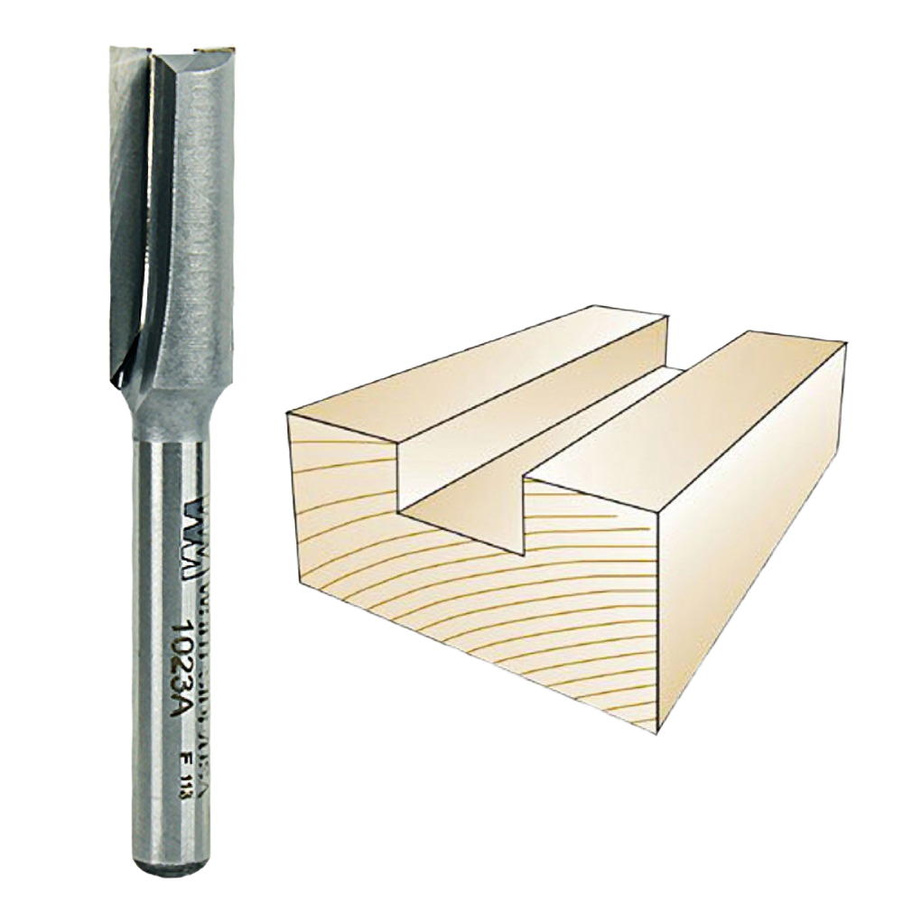 Steel straight router bit with 1/4 inch shank for woodworking grooves, dados, and joints in tool accessories collection