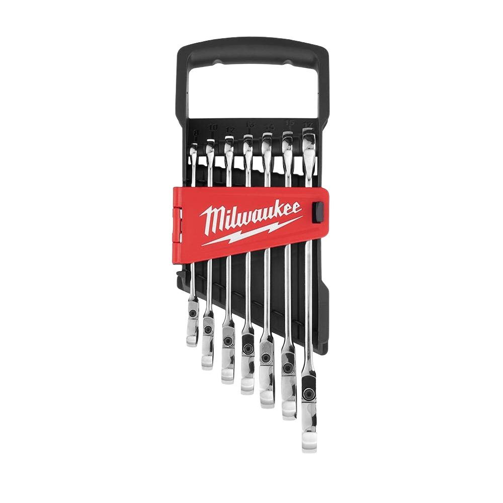 Set of seven metric flex head ratcheting combination wrenches neatly organized in black and red holder for tools and home improvement tasks