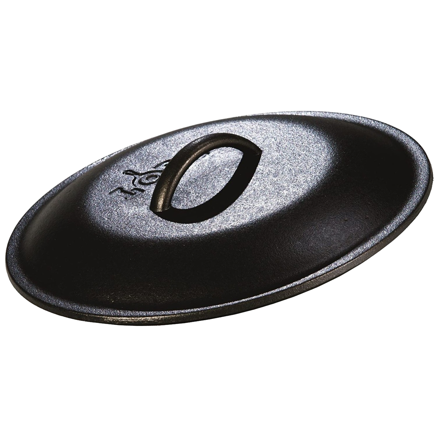 Black cast iron skillet lid with curved handle and embossed logo for kitchenware and Lodge Cast Iron collections