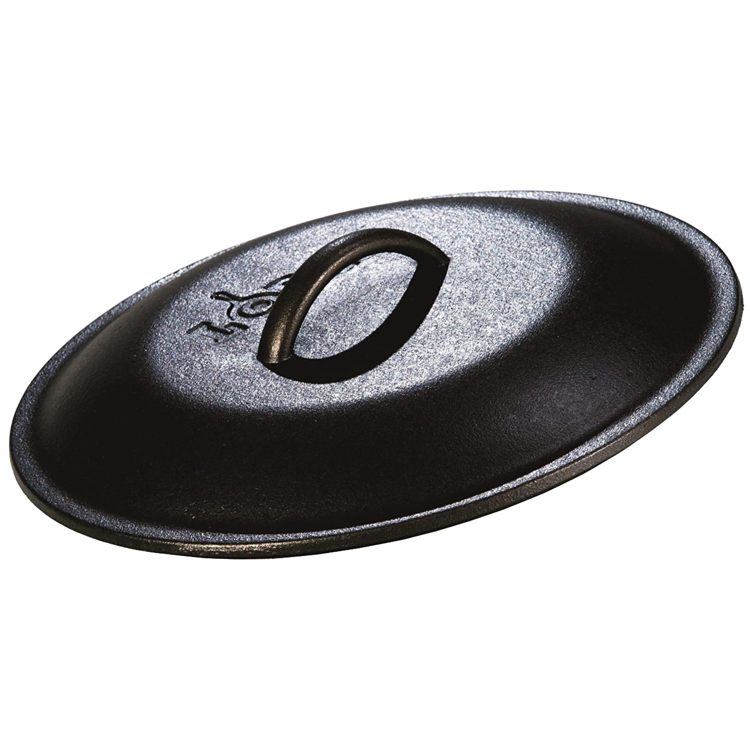Black cast iron skillet lid with curved handle and embossed logo for kitchenware and Lodge Cast Iron collections