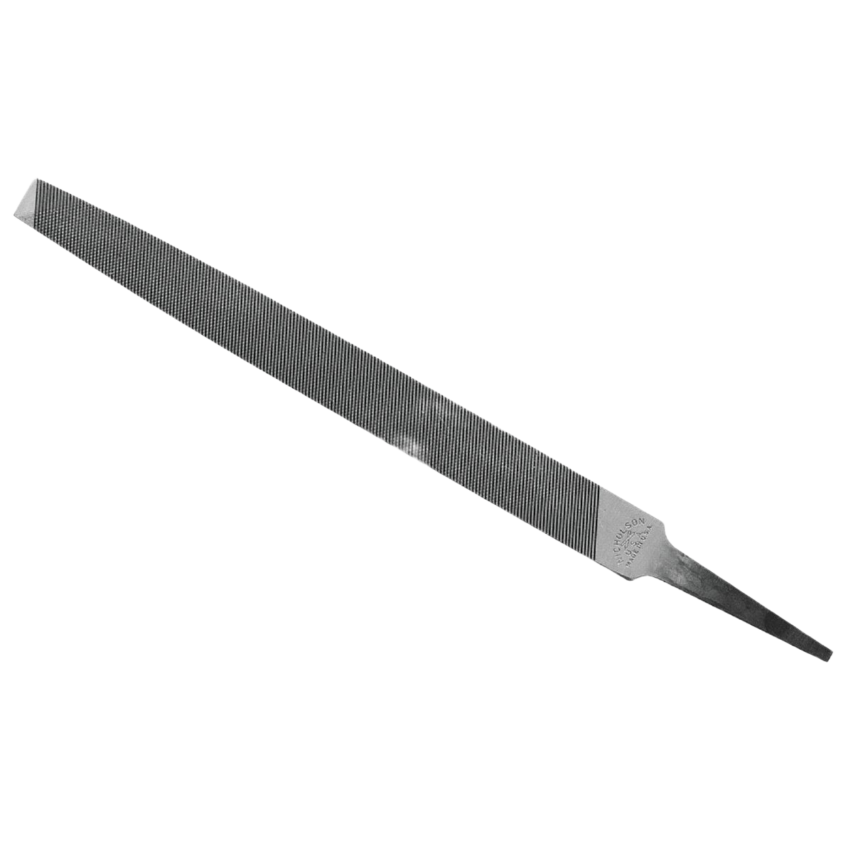 Flat bastard file with textured metal surface and tapered tang for tools and home improvement use