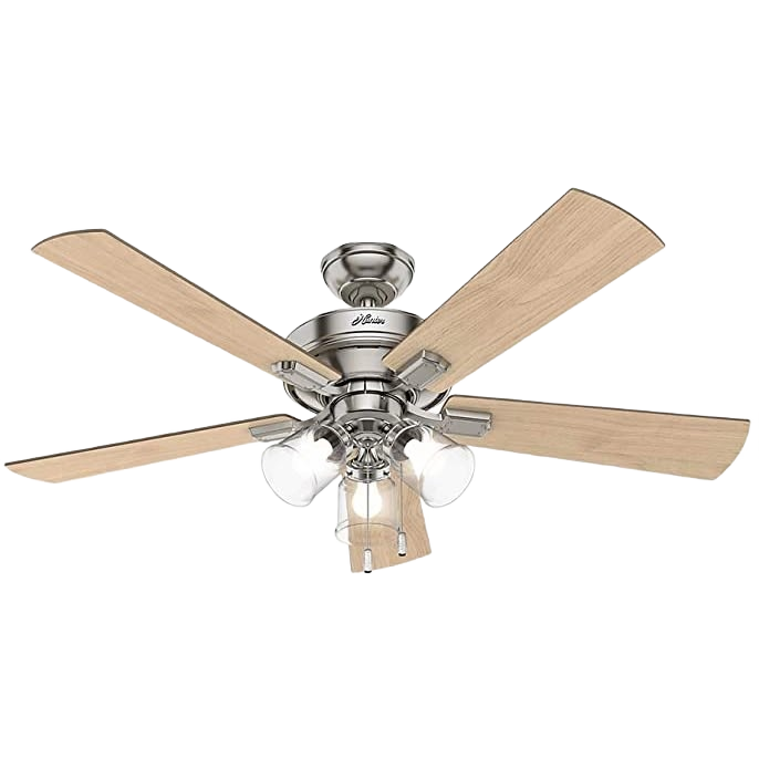 Brushed nickel ceiling fan with five light wood blades and three integrated LED lights for indoor lighting and decor