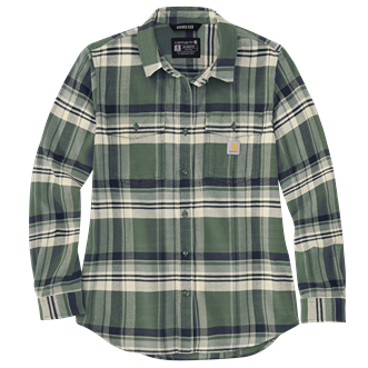 Women's green and cream plaid long-sleeve flannel shirt made with soft TENCEL fiber for comfortable wear