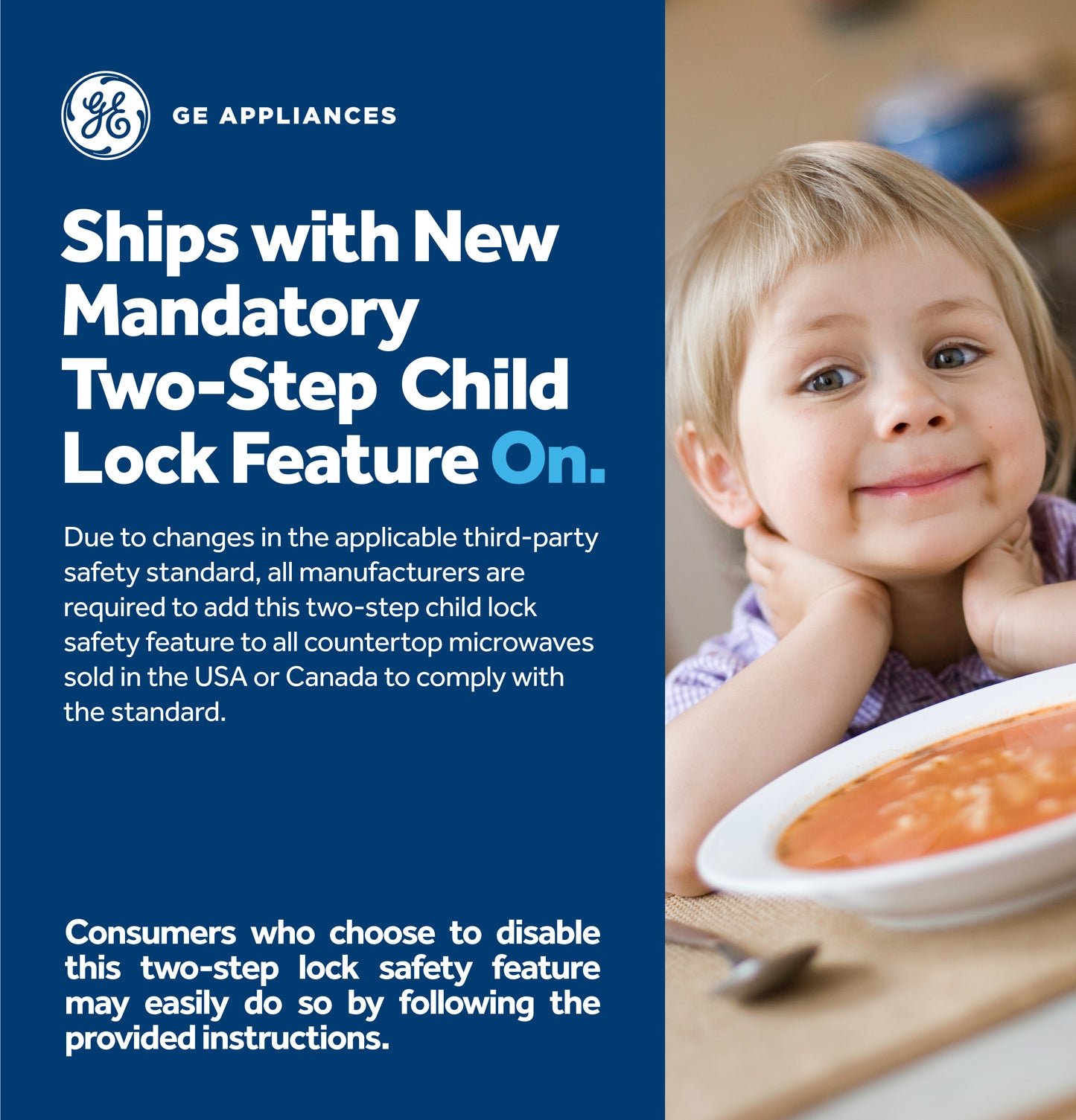 Child smiling at table with bowl of soup, next to text about mandatory two-step child lock for countertop microwaves