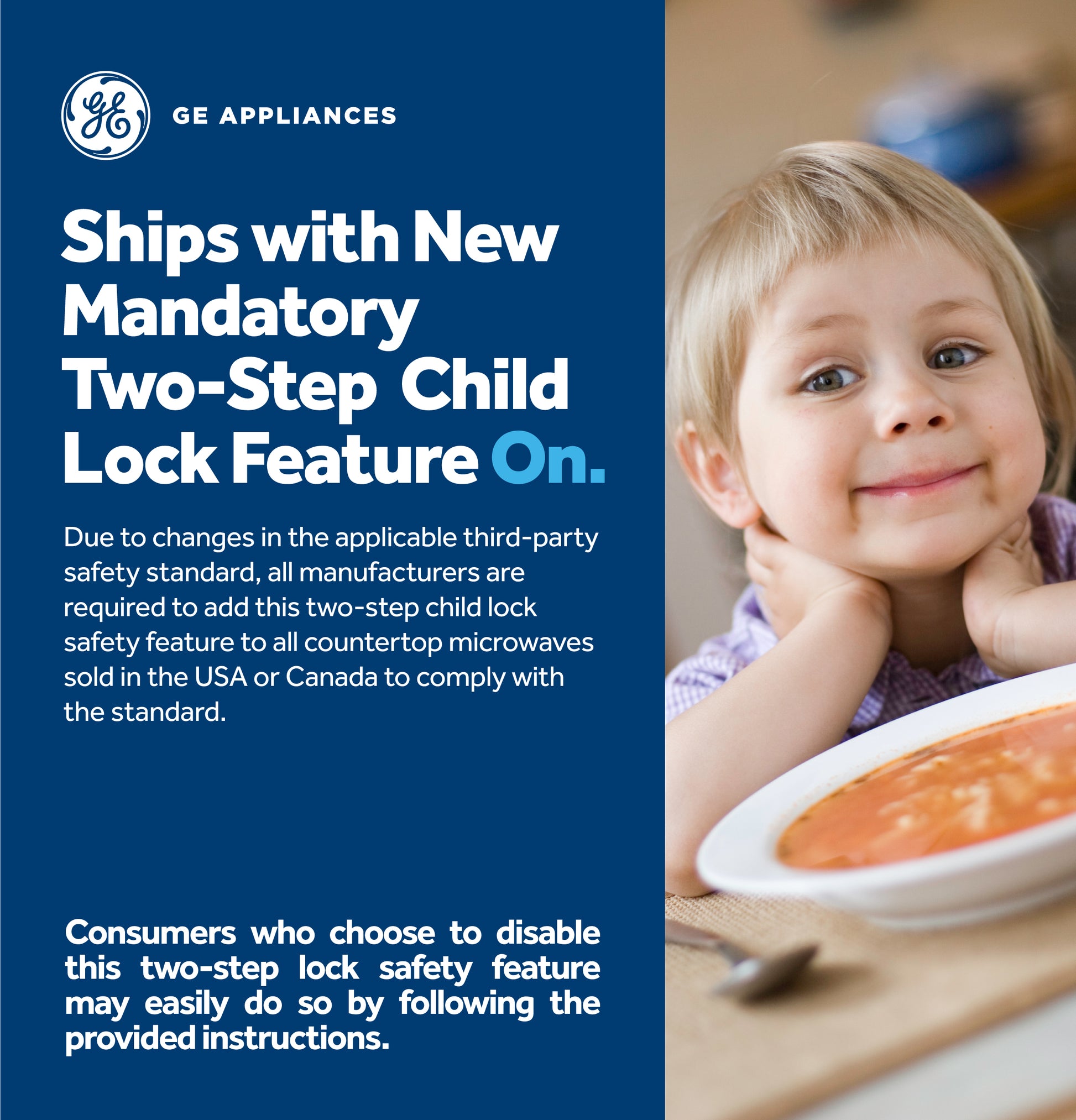 Child smiling at table with bowl of soup, next to text about mandatory two-step child lock for countertop microwaves