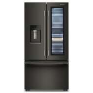 Front view of a black counter-depth French door refrigerator with ClearVue™ Door-in-Door feature, internal water dispenser, and bottom freezer drawer, part of KitchenAid refrigerators, French Door Refrigerators, Appliances, and Kitchen & Kitchenware collections for home improvement.