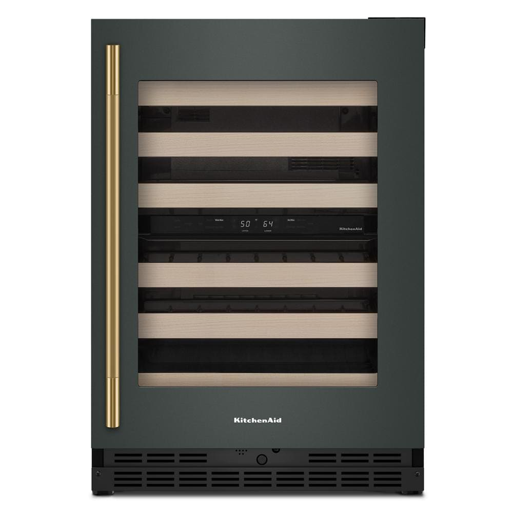 Undercounter wine cellar with wood-front racks, brass handle, digital controls, and black trim in kitchen appliance setting