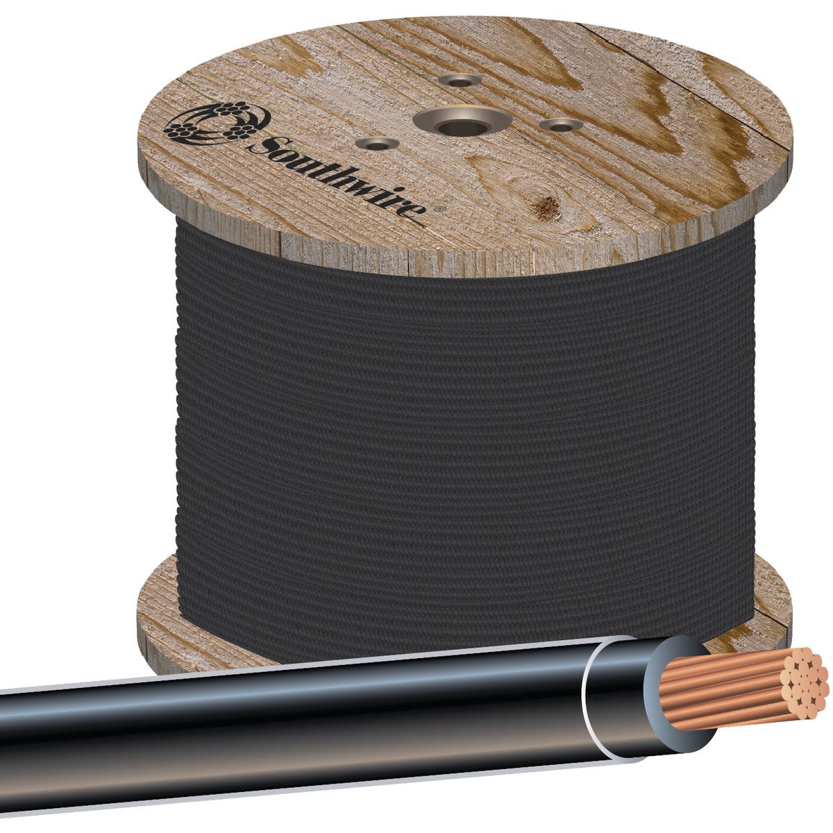 Wooden spool of black stranded electrical wire with copper core for home improvement and tool use