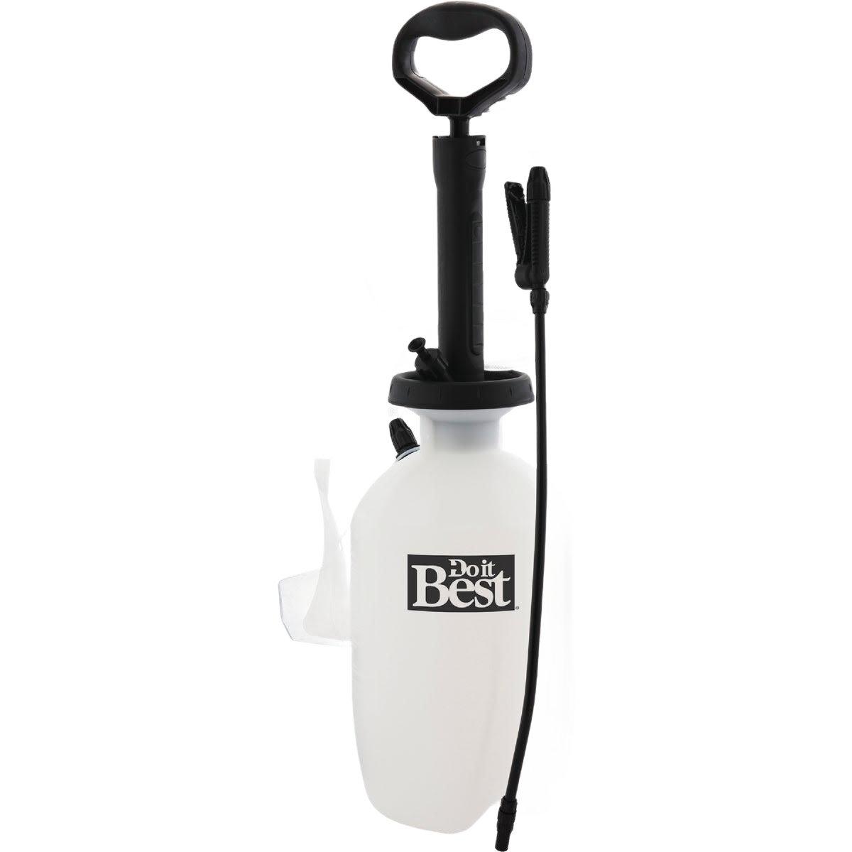 White and black 2-gallon tank sprayer with pump handle and adjustable spray wand for home improvement tasks