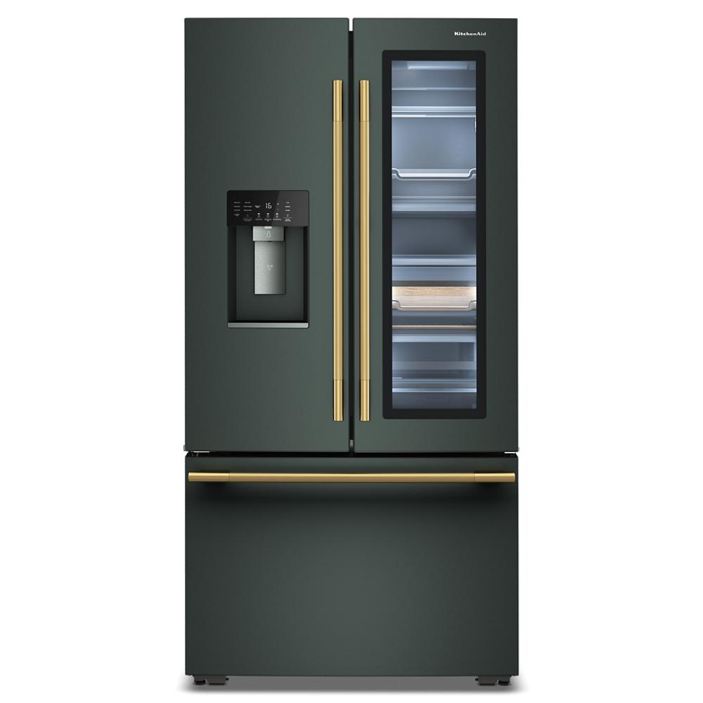 Front view of a dark green counter-depth French door refrigerator with glass door panel, internal water dispenser, and bottom freezer drawer, part of Refrigerators and Kitchen & Kitchenware collections for home improvement.