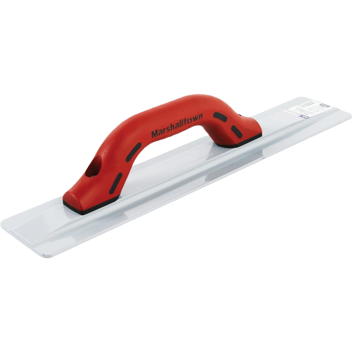 Magnesium float with beveled end and red ergonomic handle for smooth finishing in home improvement projects