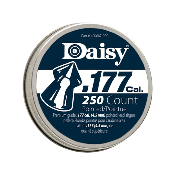 Round metal tin of premium pointed lead pellets for airguns with .177 caliber and 250 count capacity