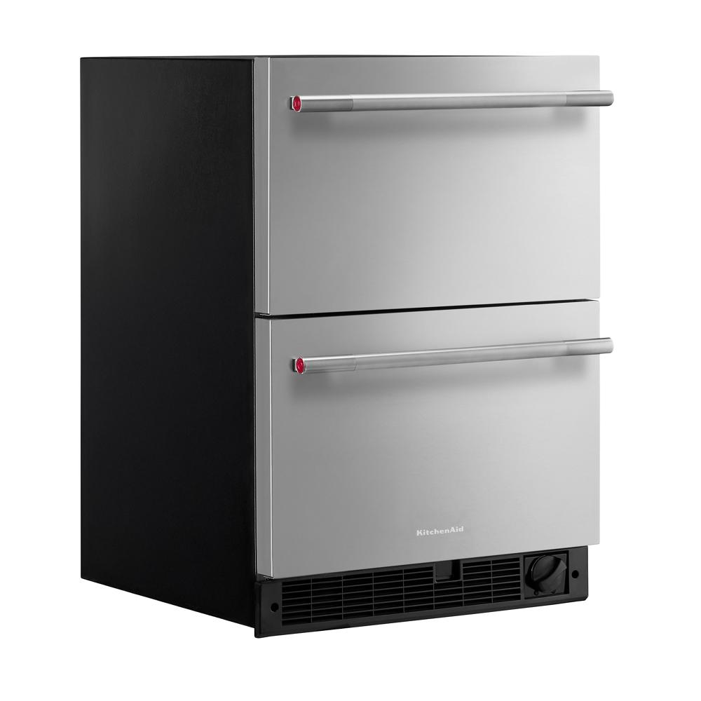 Compact stainless steel undercounter double-drawer refrigerator/freezer with black vent grille and horizontal handles