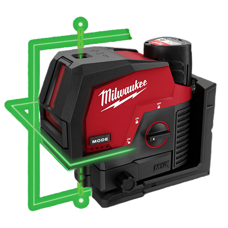 Compact red and black laser tool projecting green cross line and plumb points for precise home improvement tasks