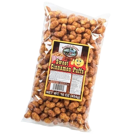 Clear plastic bag filled with sweet cinnamon puffs snack coated in cinnamon sugar for a tasty treat