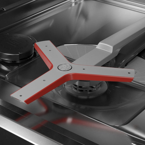Close-up of a modern stainless steel gas range burner with a sleek three-arm cast-iron grate in kitchen appliances collection