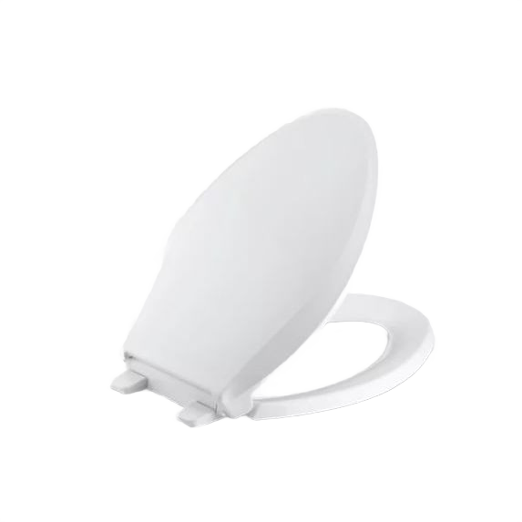 White elongated toilet seat with quiet-close feature and secure Grip-Tight bumpers for bathroom and home improvement projects
