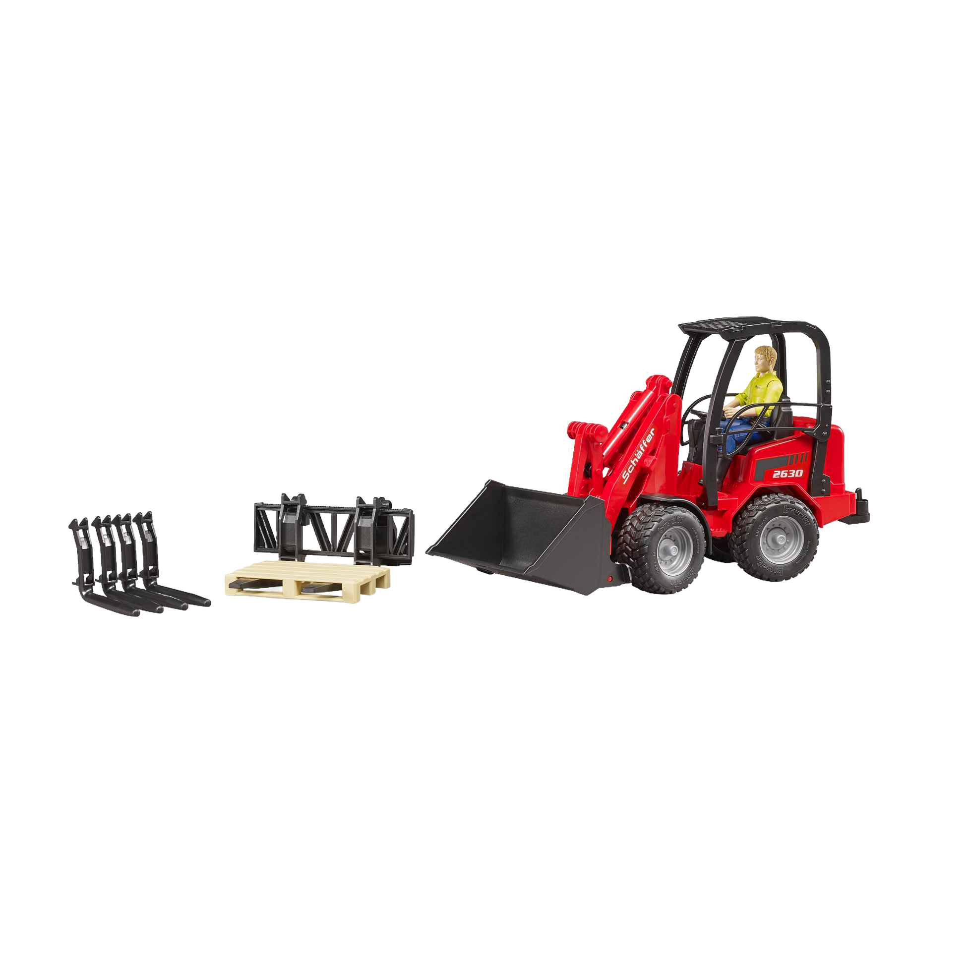 Red Schaffer Compact Loader toy 2630 with figure, pallet, and attachments in Vehicles & Remote Controlled Toys collection