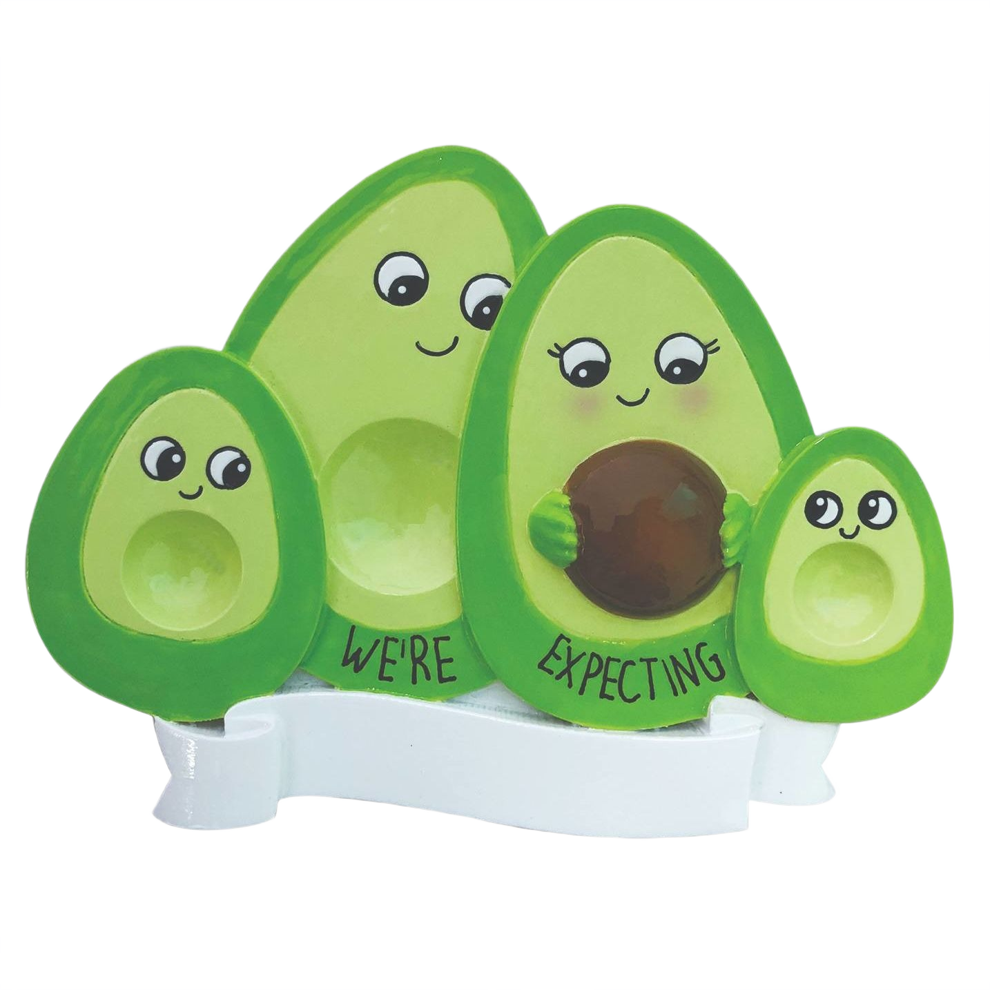 Green avocado family ornament with two children and "We're Expecting" banner in Christmas Ornaments & Tree Decorations under $50 collection