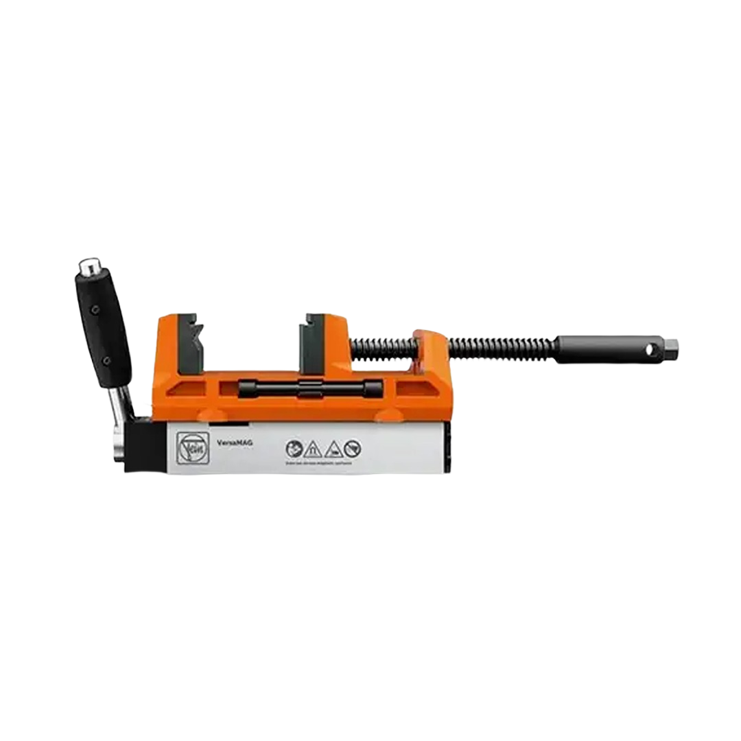 Orange and metal precision vise with magnetic base and adjustable handle for versatile clamping in tools and home improvement projects
