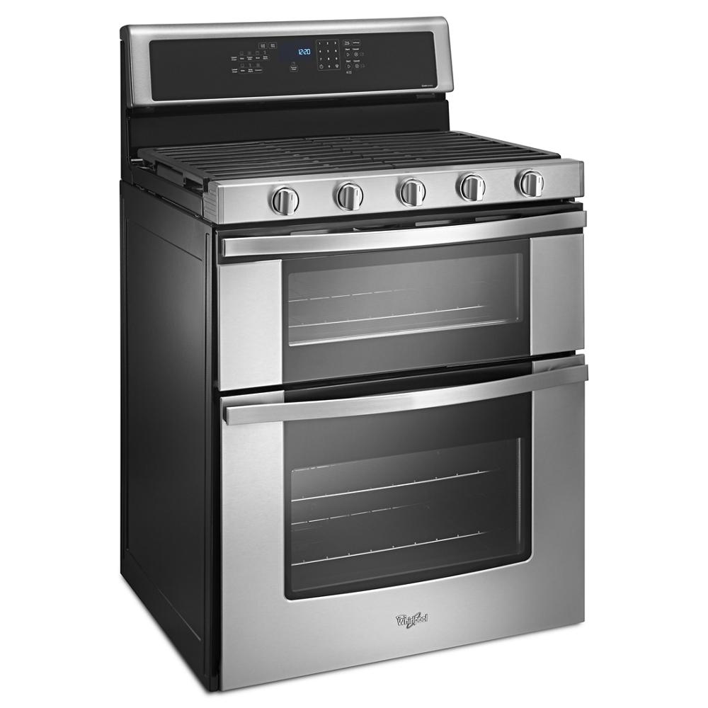 Stainless steel double oven gas range with EZ-2-Lift™ hinged grates and digital control panel from Ranges collection