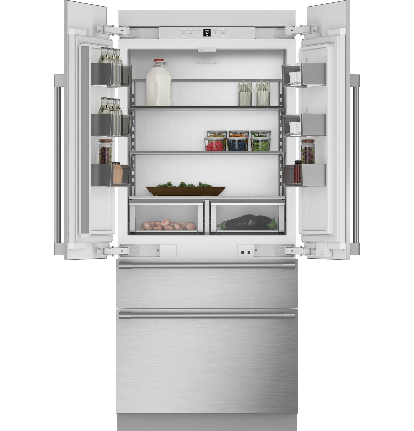 Open stainless steel panel-ready integrated French-door refrigerator with adjustable shelves and clear drawers in appliances collection