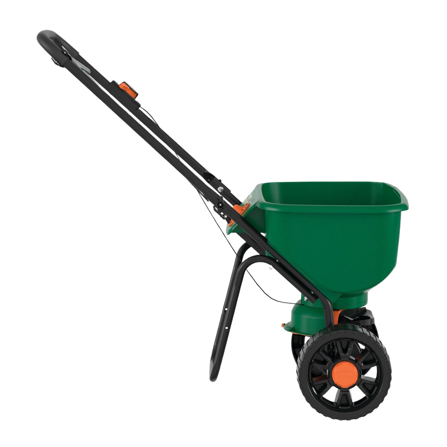 Green and black broadcast spreader with adjustable settings for even lawn care product distribution in gardening tools collection