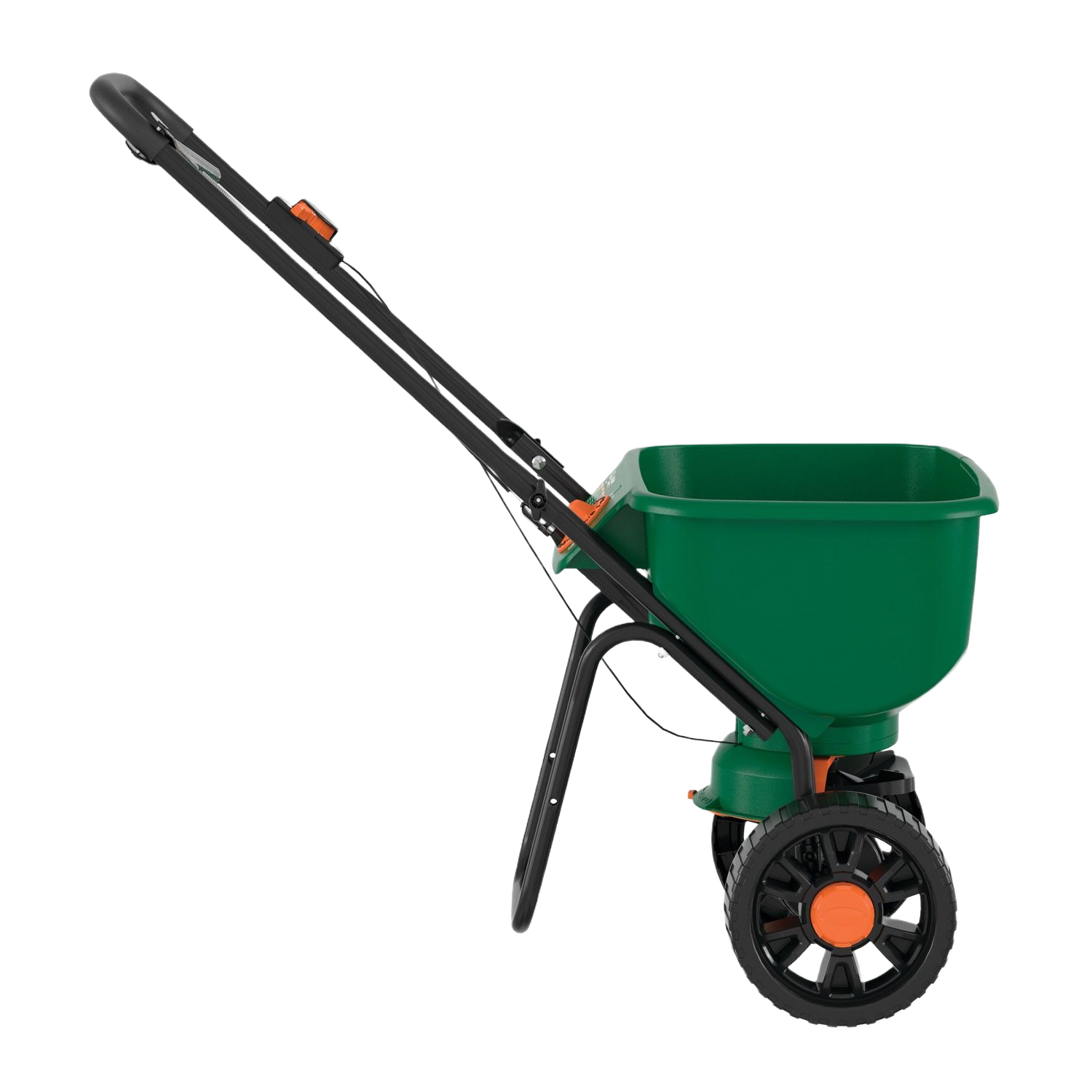 Green and black broadcast spreader with adjustable settings for even lawn care product distribution in gardening tools collection