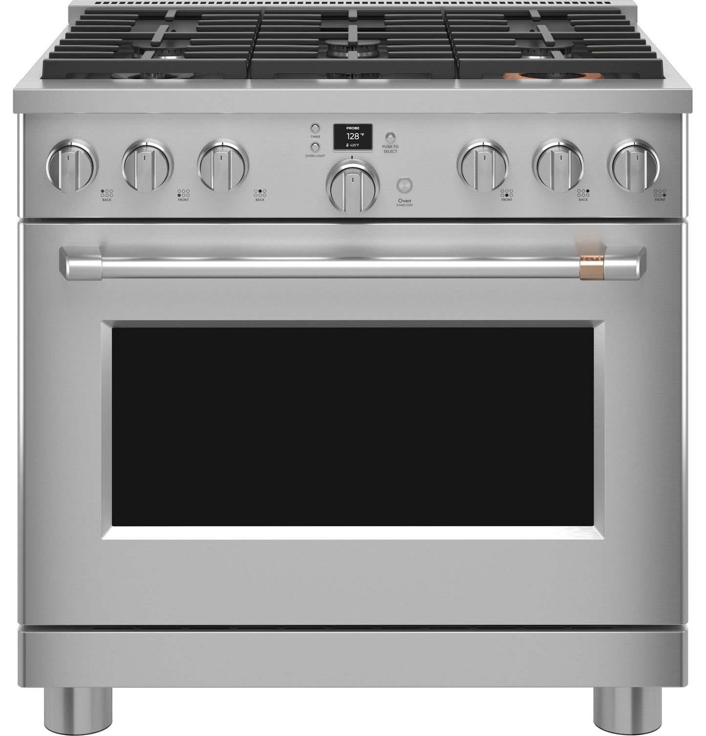 Stainless steel dual-fuel range with six gas burners, front control knobs, digital display, and large oven window in kitchen appliances collection