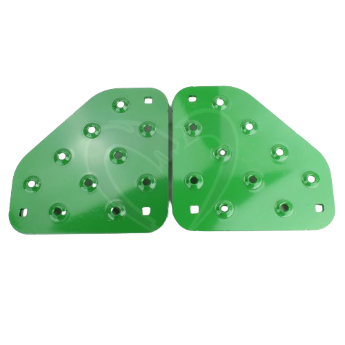 Pair of green metal footrest extension plates with multiple bolt holes for John Deere parts and accessories collections