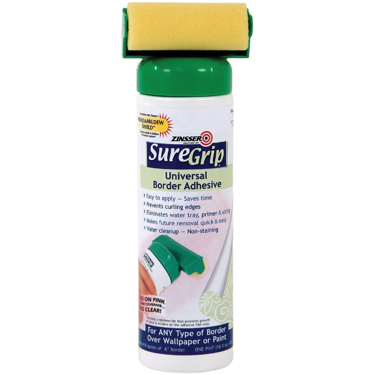 Green and white adhesive bottle with attached yellow sponge roller for wallpaper border application in home improvement projects
