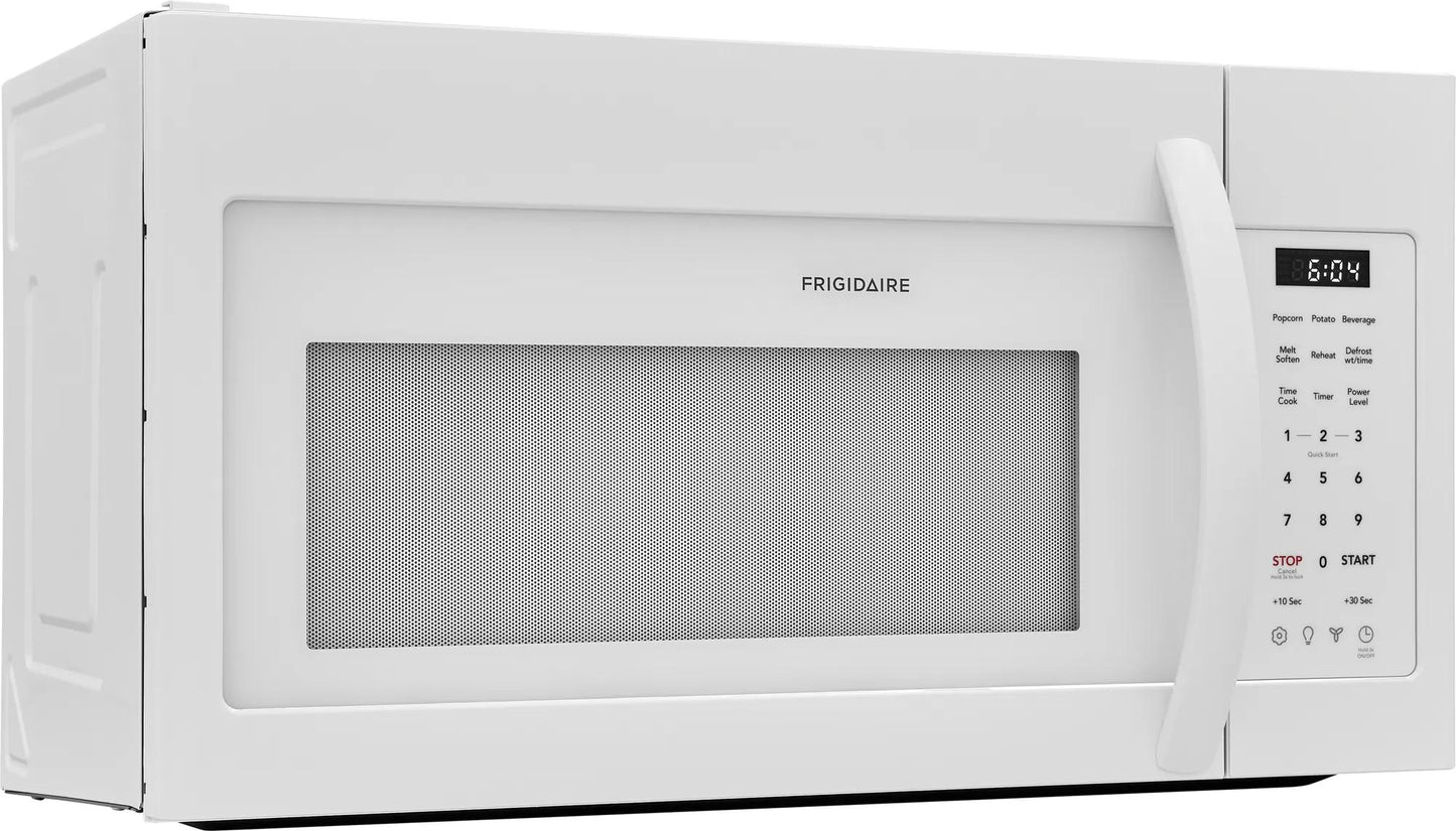 White over-the-range microwave with digital keypad and curved handle in kitchenware and appliance collection