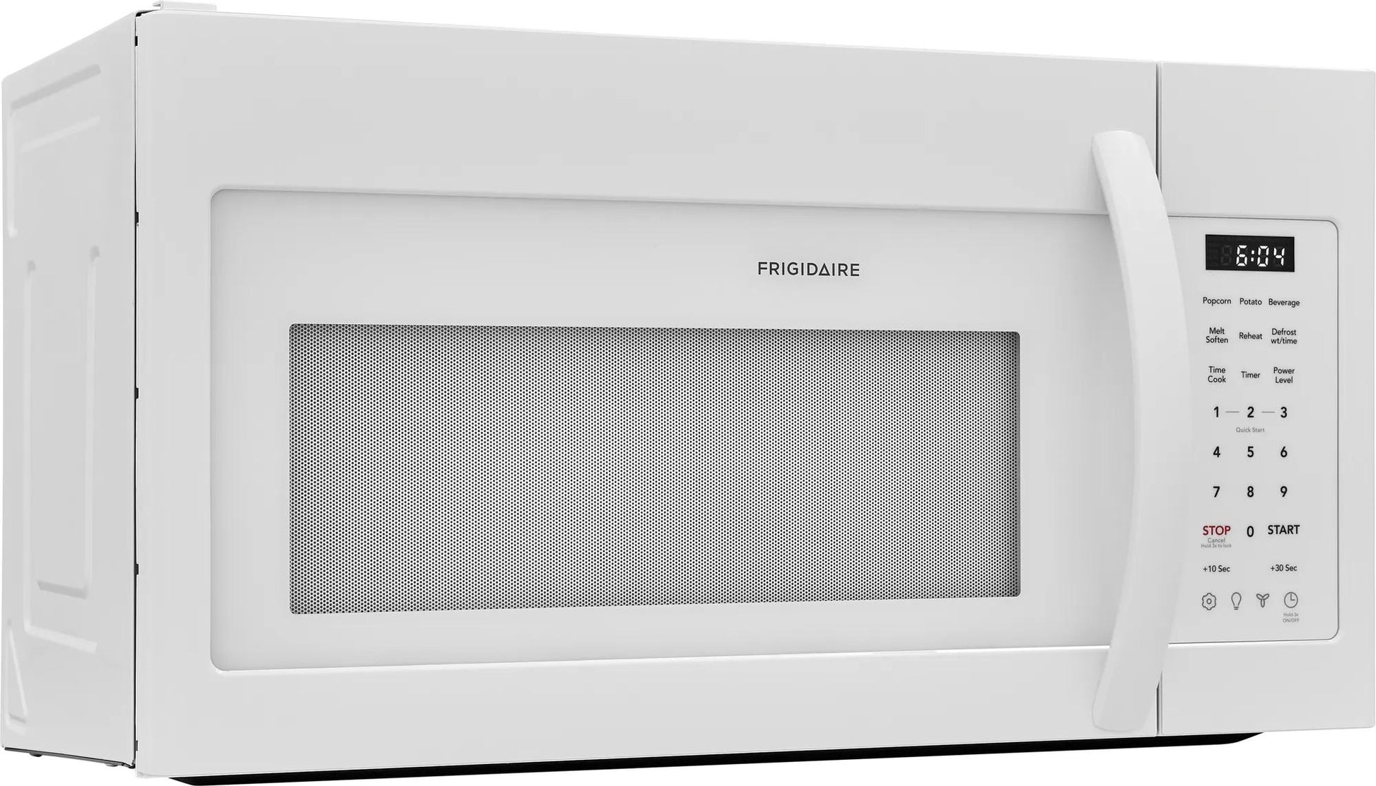 White over-the-range microwave with digital keypad and curved handle in kitchenware and appliance collection