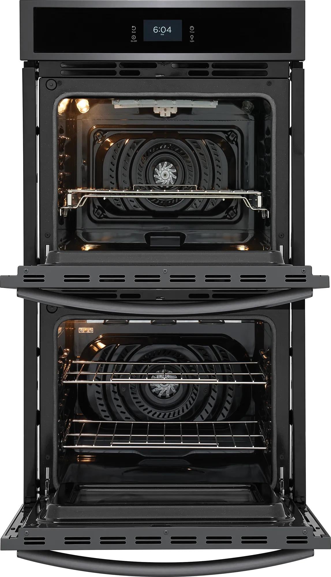 Open double electric wall oven with convection fans and digital display in Wall Ovens and Appliances collections