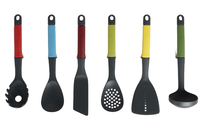 Set of six colorful kitchen utensils with textured handles including spoon, ladle, spatula, and slotted tools for play or cooking