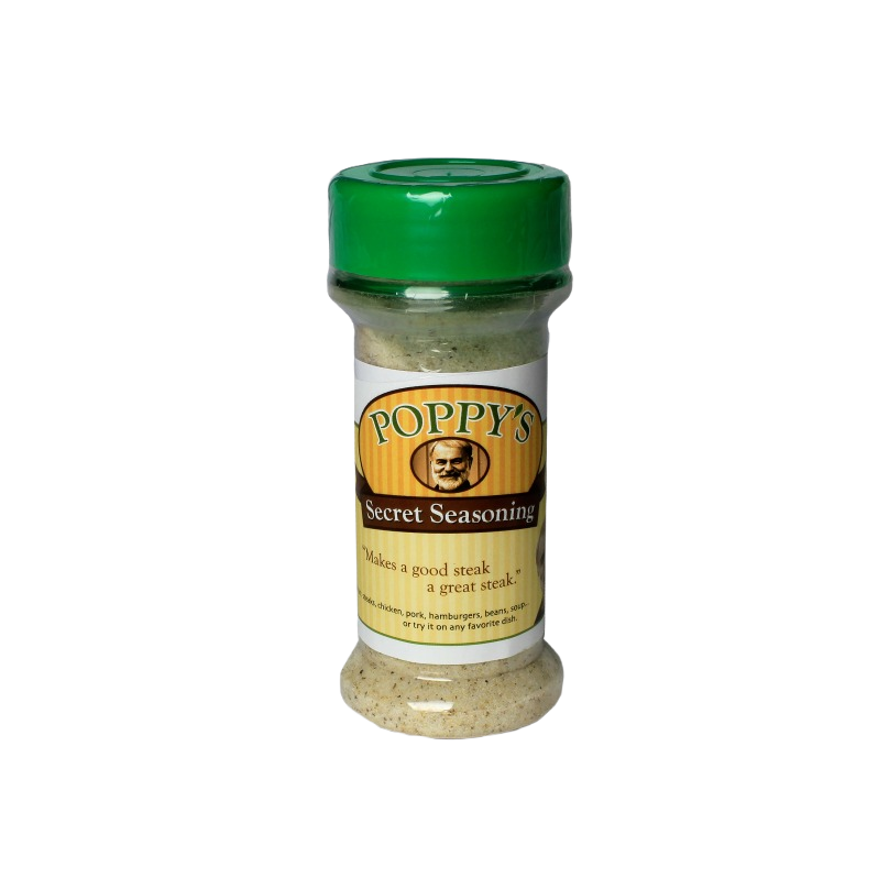 Clear spice bottle with green lid featuring Poppy's Secret Seasoning for steaks in Grilling Sauces & Spices collection under $50