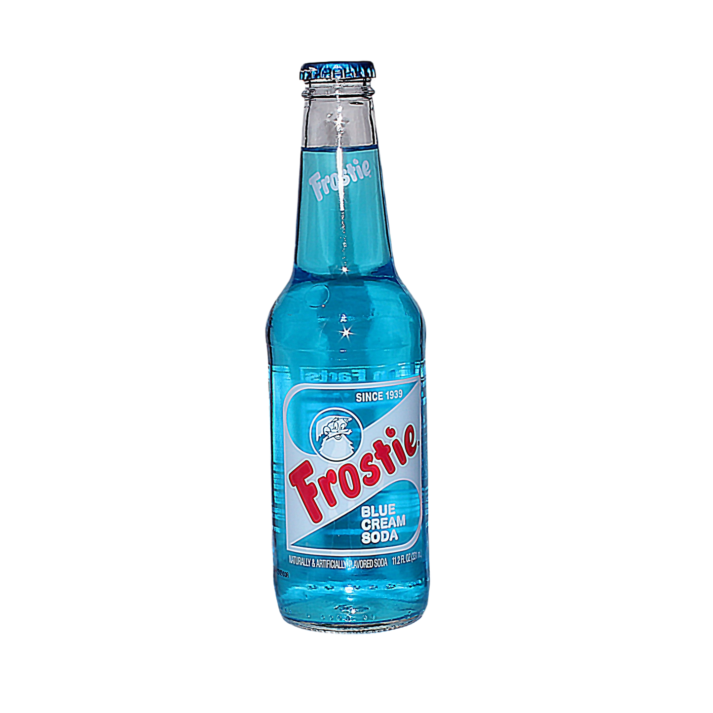 Glass bottle of blue cream soda with vintage-style label from Frostie brand, 12 oz. serving size