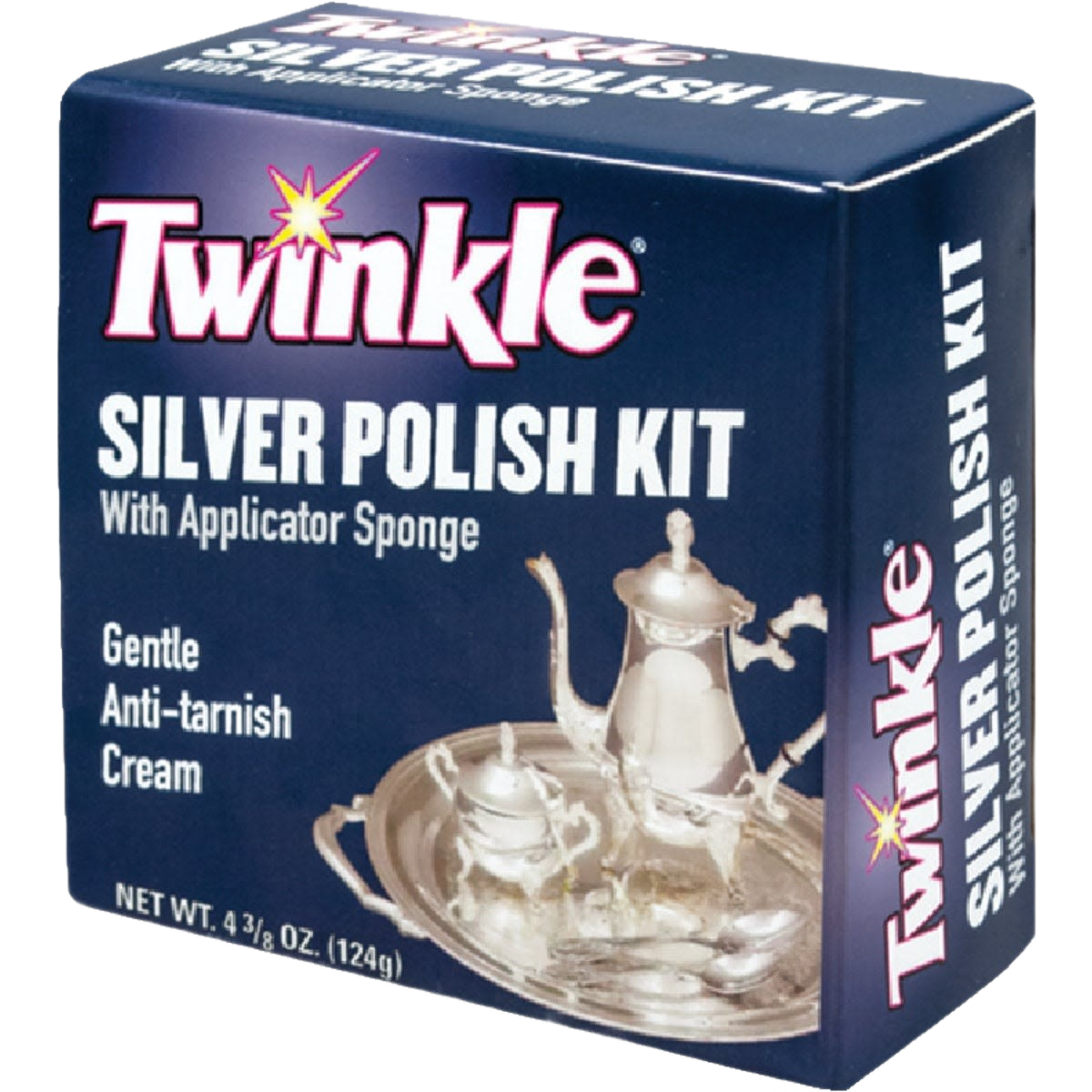 Blue box of silver polish cream with applicator sponge for cleaning supplies and polishing under $50 collections