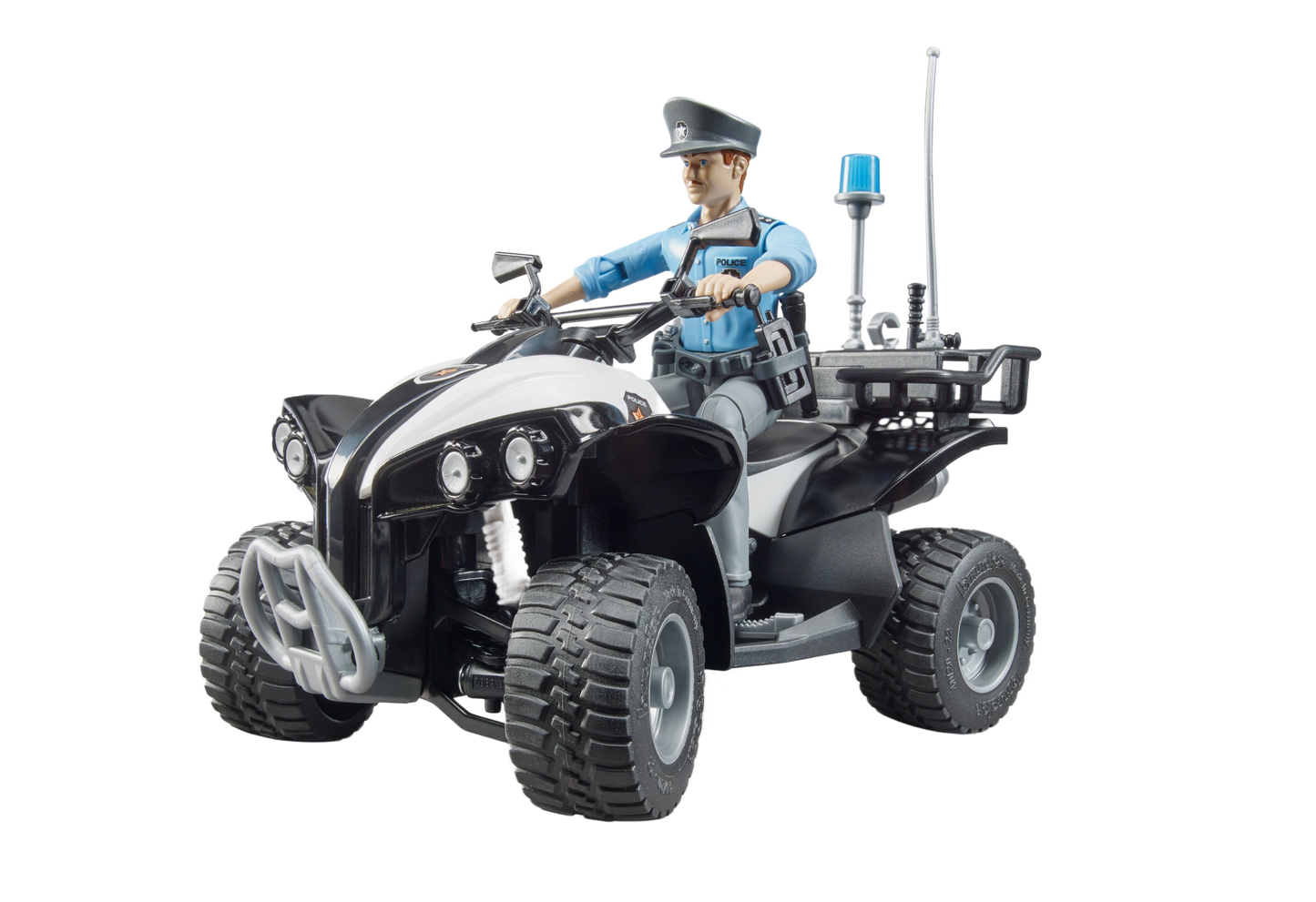 Black and white police quad bike toy with light skin officer figure and detailed accessories from Bruder Toys collection under $50