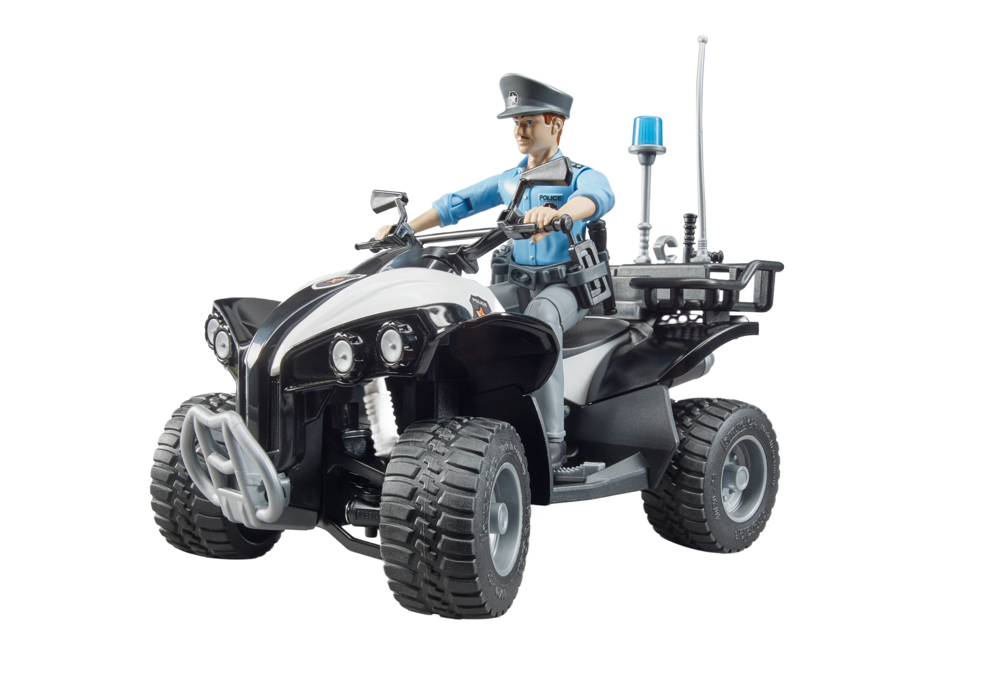 Black and white police quad bike toy with light skin officer figure and detailed accessories from Bruder Toys collection under $50