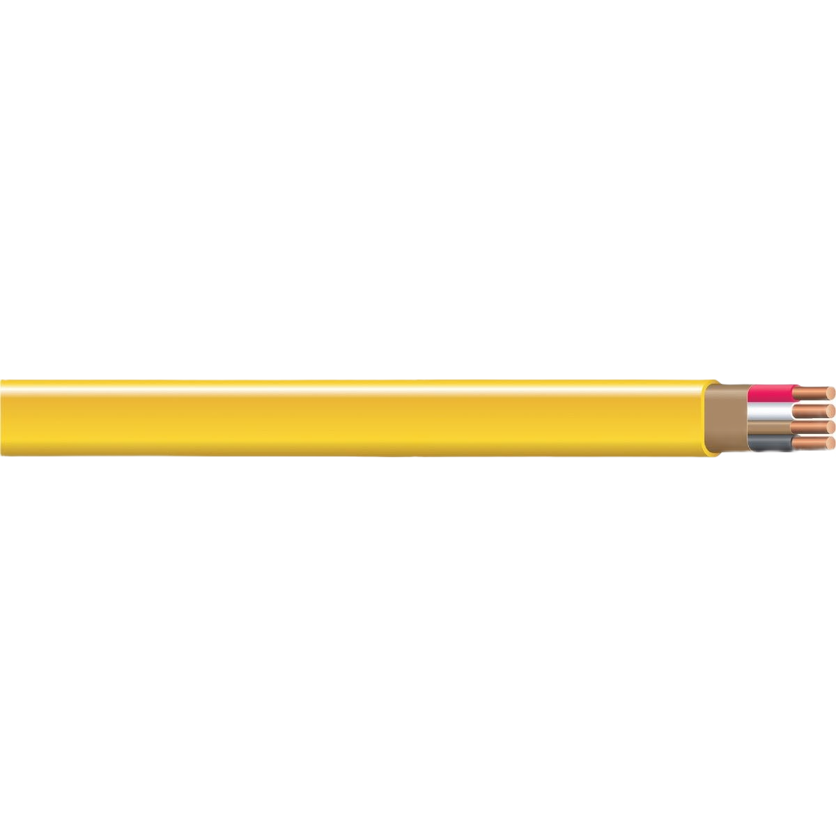 Yellow electrical cable with exposed copper wiring and insulated conductors for home improvement and tools projects