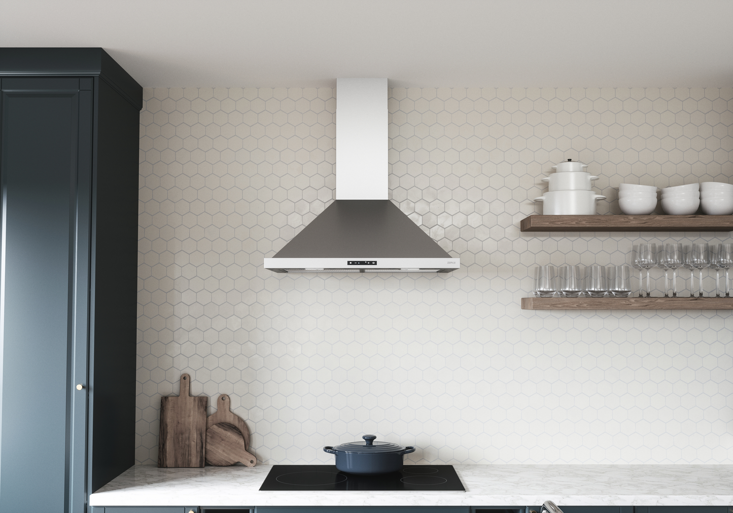 Stainless steel chimney hood with LED controls and powerful blower installed above modern cooking range in kitchen setting